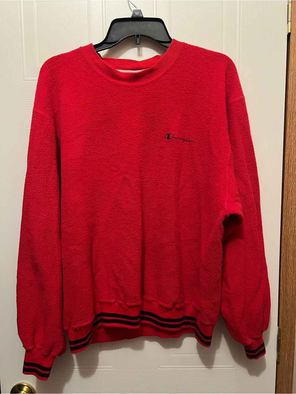 Champion Medium Red Crewneck Sweatshirt with Black Stripes